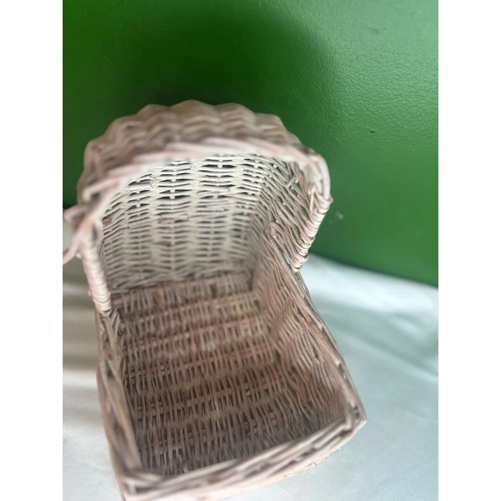 Vintage Wicker Doll Bassinet Basket Hooded Pink Whitewash Nursery Decor Prop